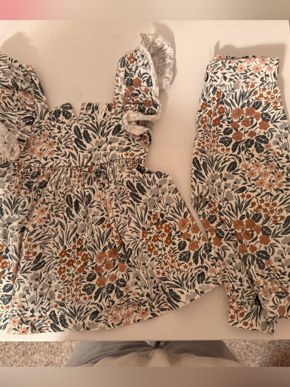 Rylee + Cru Floral Ruffle Top and Leggings Set in Cream, Rust, and Dark Green